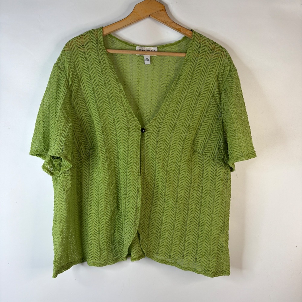 Studio I Cardigan Womens 24W Lime Green Crochet Knit Sheer Short Sleeve V-Neck